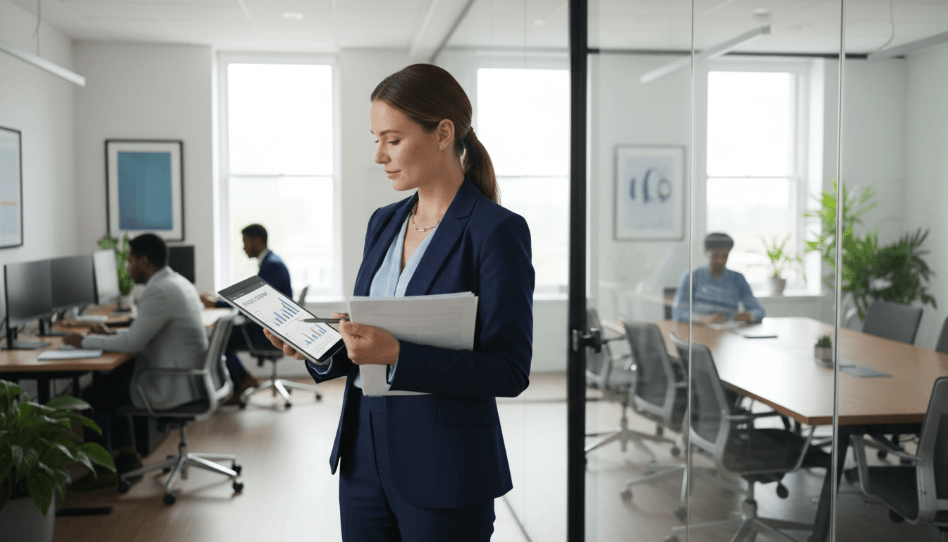 Professional businesswoman reviewing documents on a tablet in a bright modern office