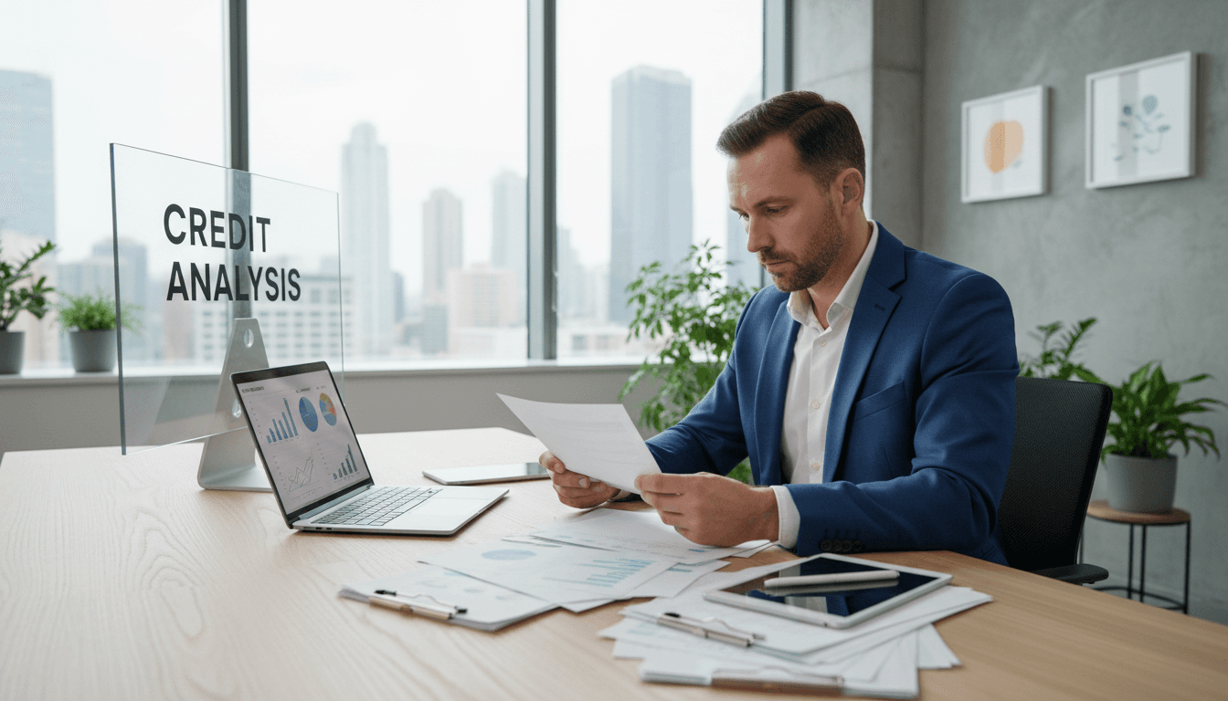 Professional reviewing credit report documents on a desk with a laptop