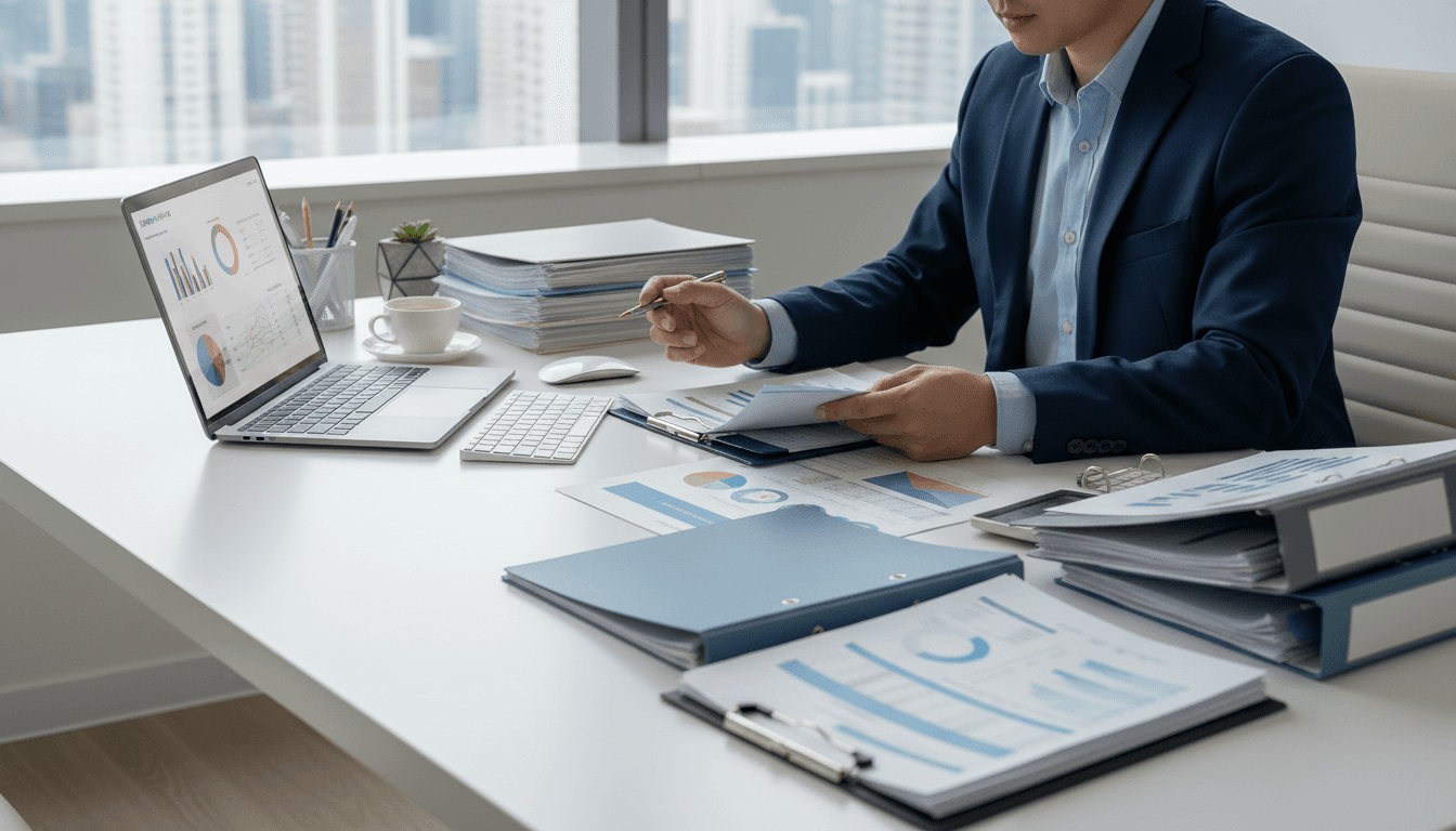 Professional accountant reviewing financial documents and reports on a clean modern desk