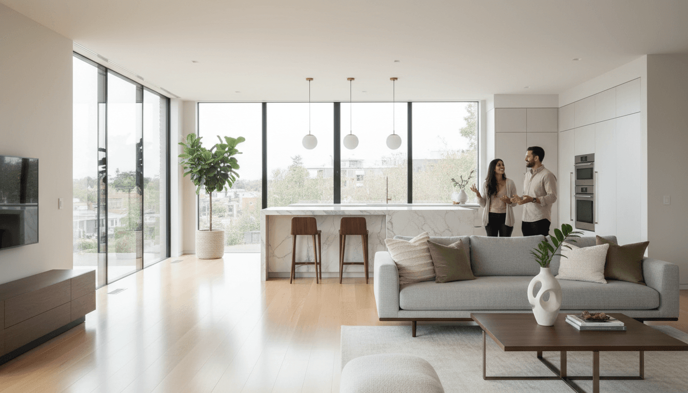 Modern open-concept home interior with natural light, hardwood floors, and couple discussing the space